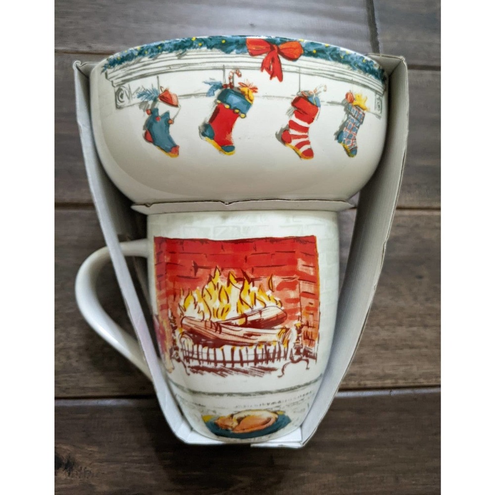 Eaton Fine Dining Christmas Fireplace & Stockings Coffee Mug & Cereal Bowl New